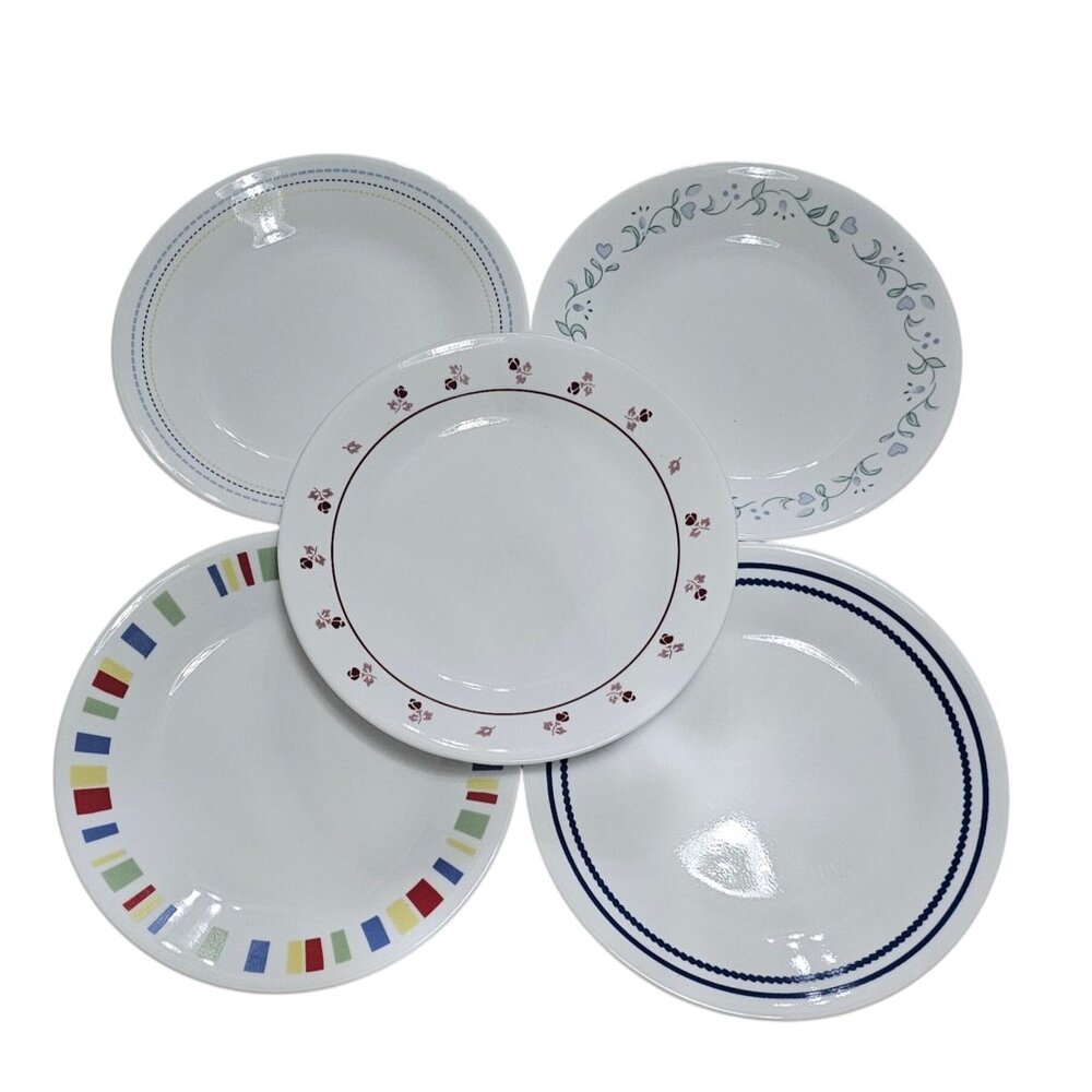 5 Corelle Mismatched  Dessert Plates 6.75" floral heart stripes